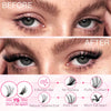 Before and after comparison of lash extensions showing a natural tapered end knot-free and fluttery 3D effect