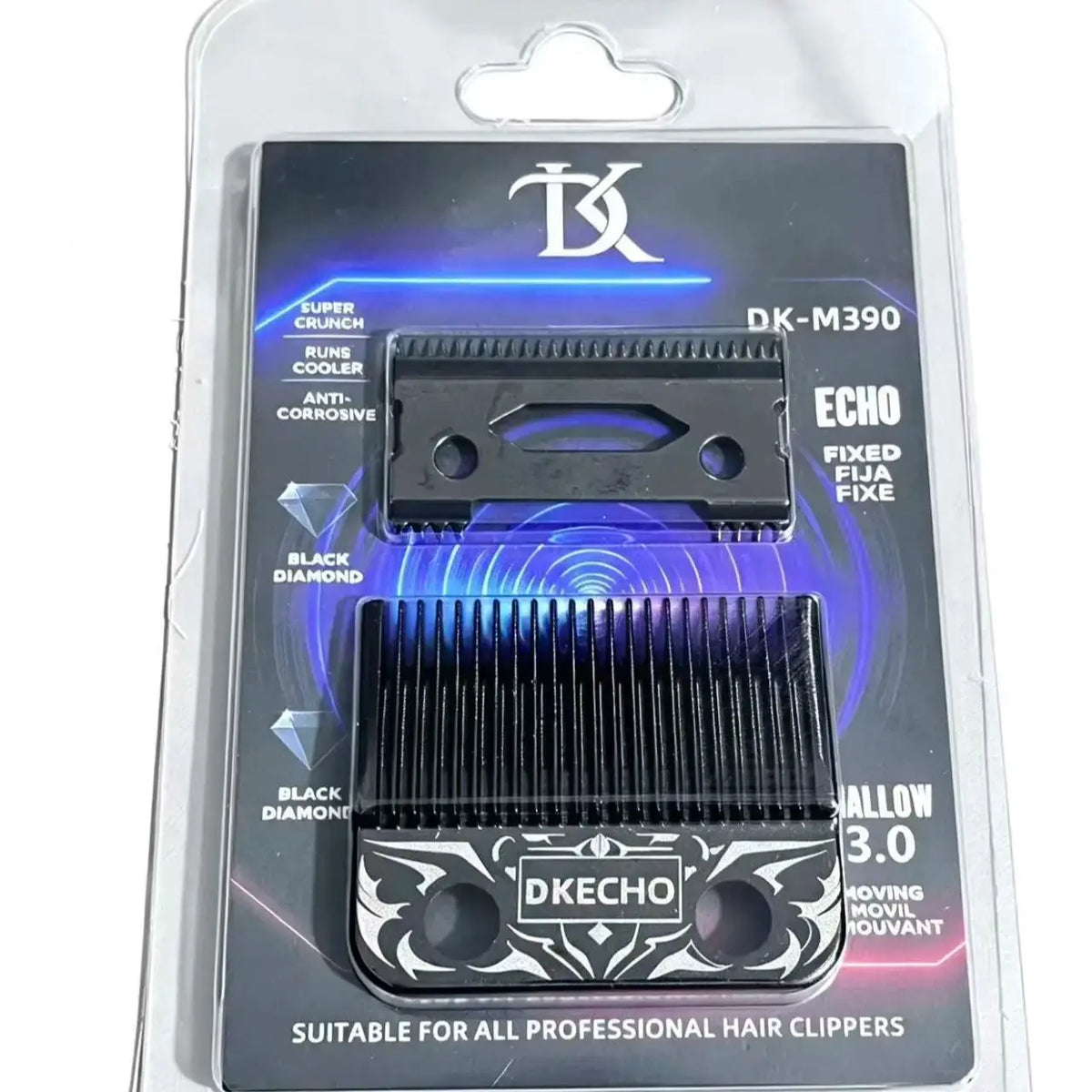 A package containing a DK-M390 fixed hair clipper blade set with black diamond blades.