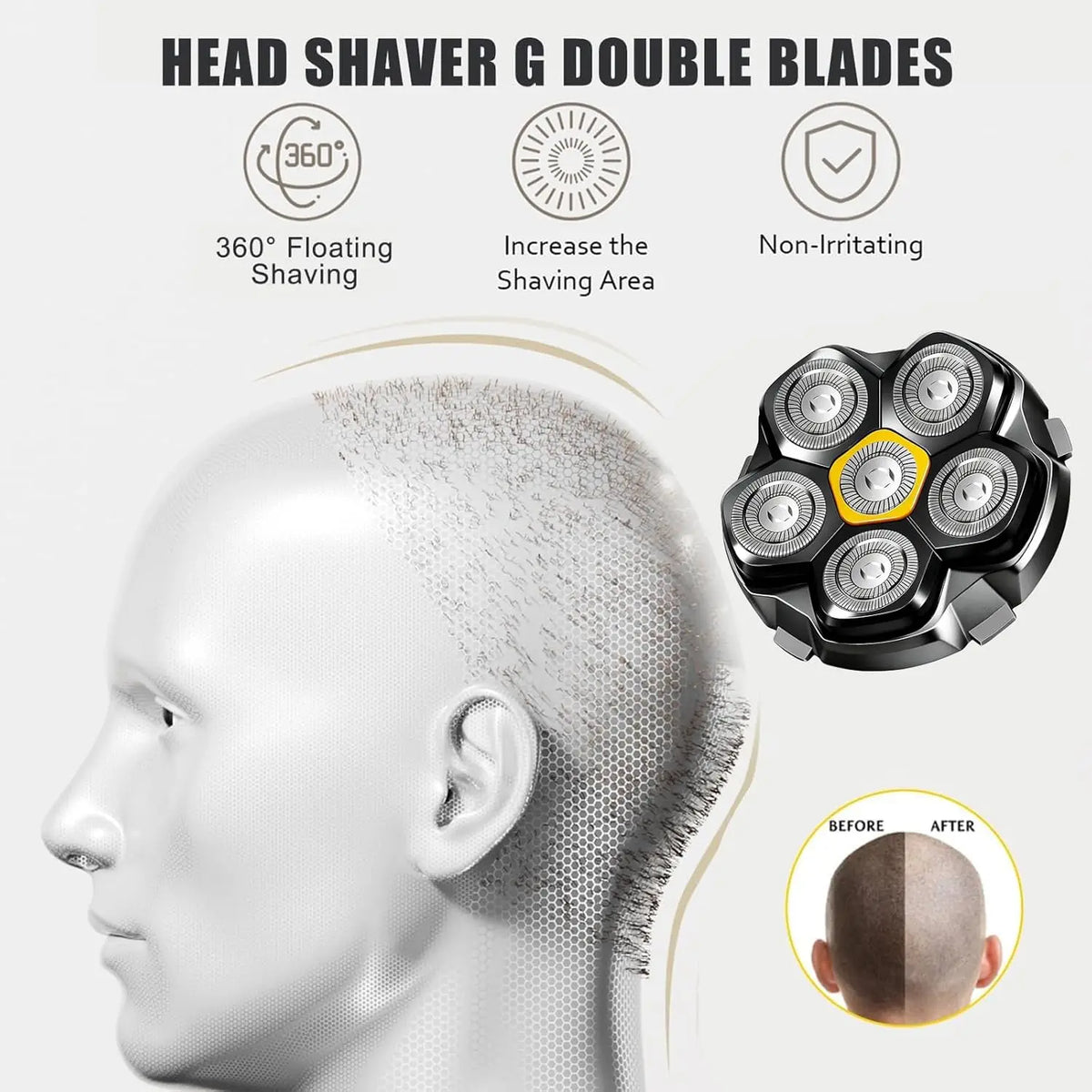 Head shaver with G double blades showing before and after results on a person's head.