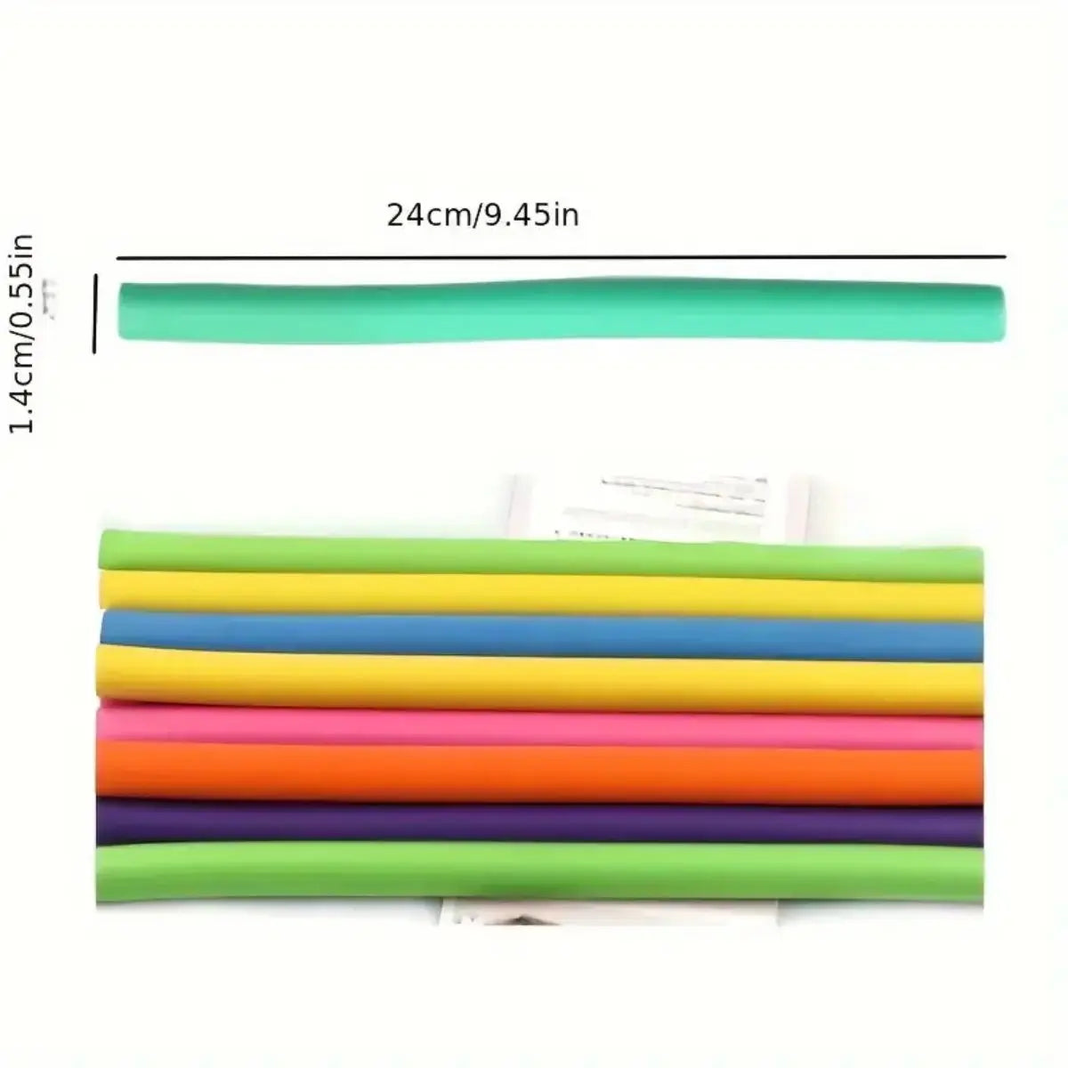 A set of soft foam heatless hair rollers in various shades of green and yellow.