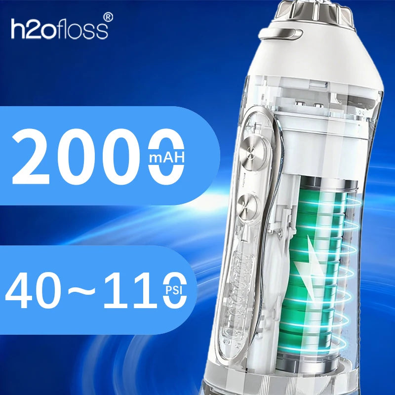 A clear portable water flosser device with a green internal component is shown against a blue background.