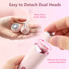 A pink electric body hair shaver being used to detach dual heads and rinse clean under water.