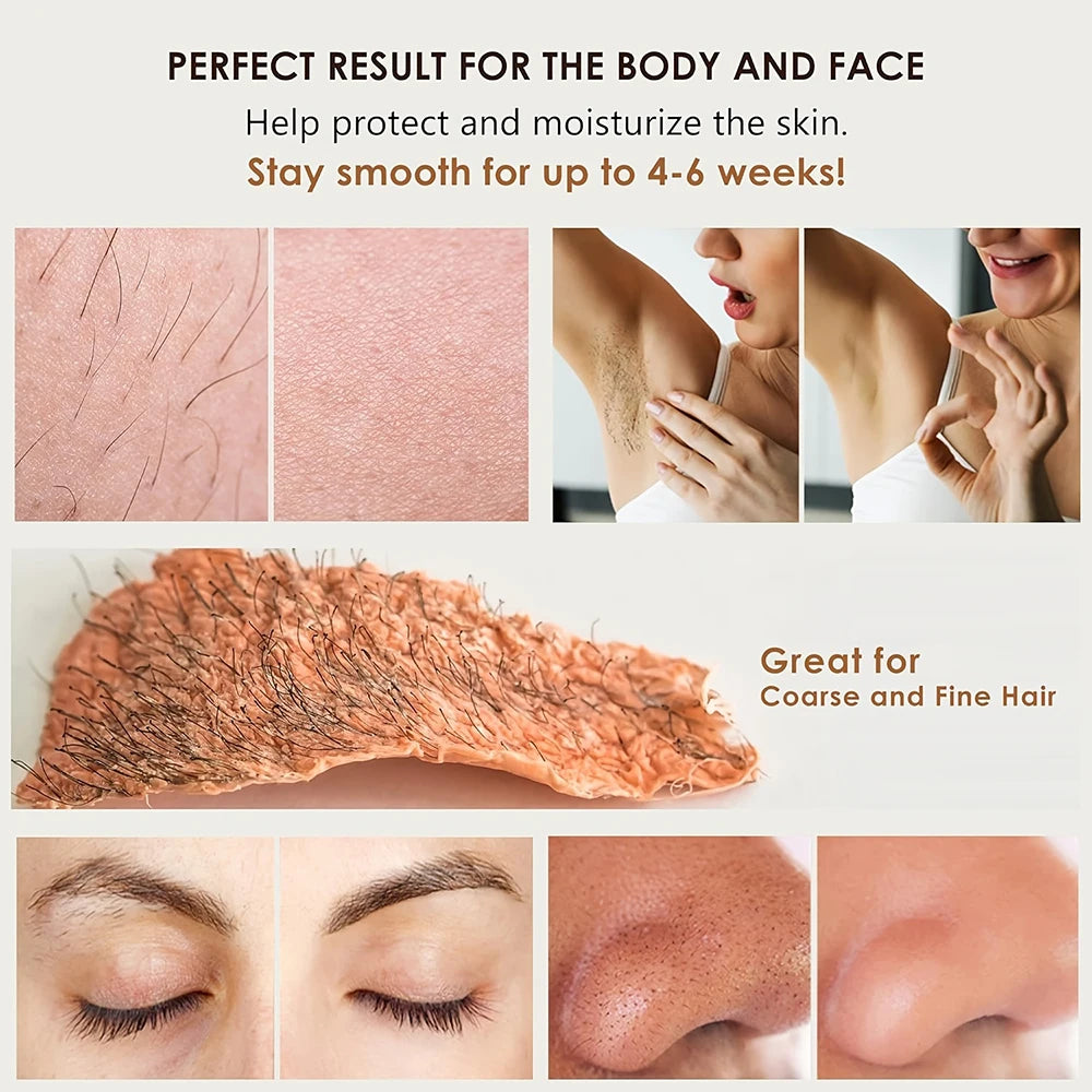 A set of hair removal wax melting products shown alongside close-ups of smooth skin and hair.