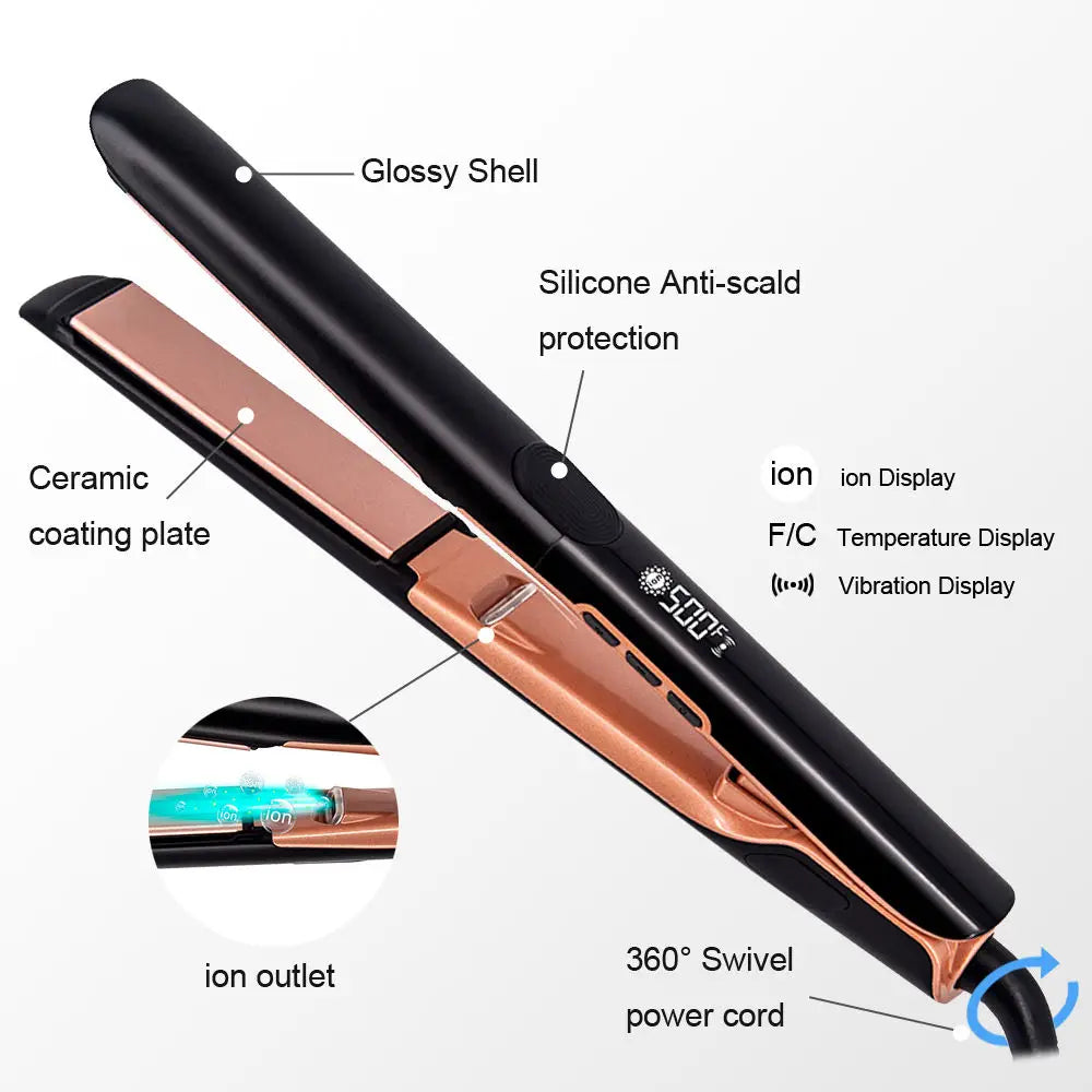 A black hair straightener with a glossy shell and ceramic coating plate, showing various features like ion outlet and tempera