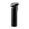 A black triple blade electric shaver for men shown from the top view.