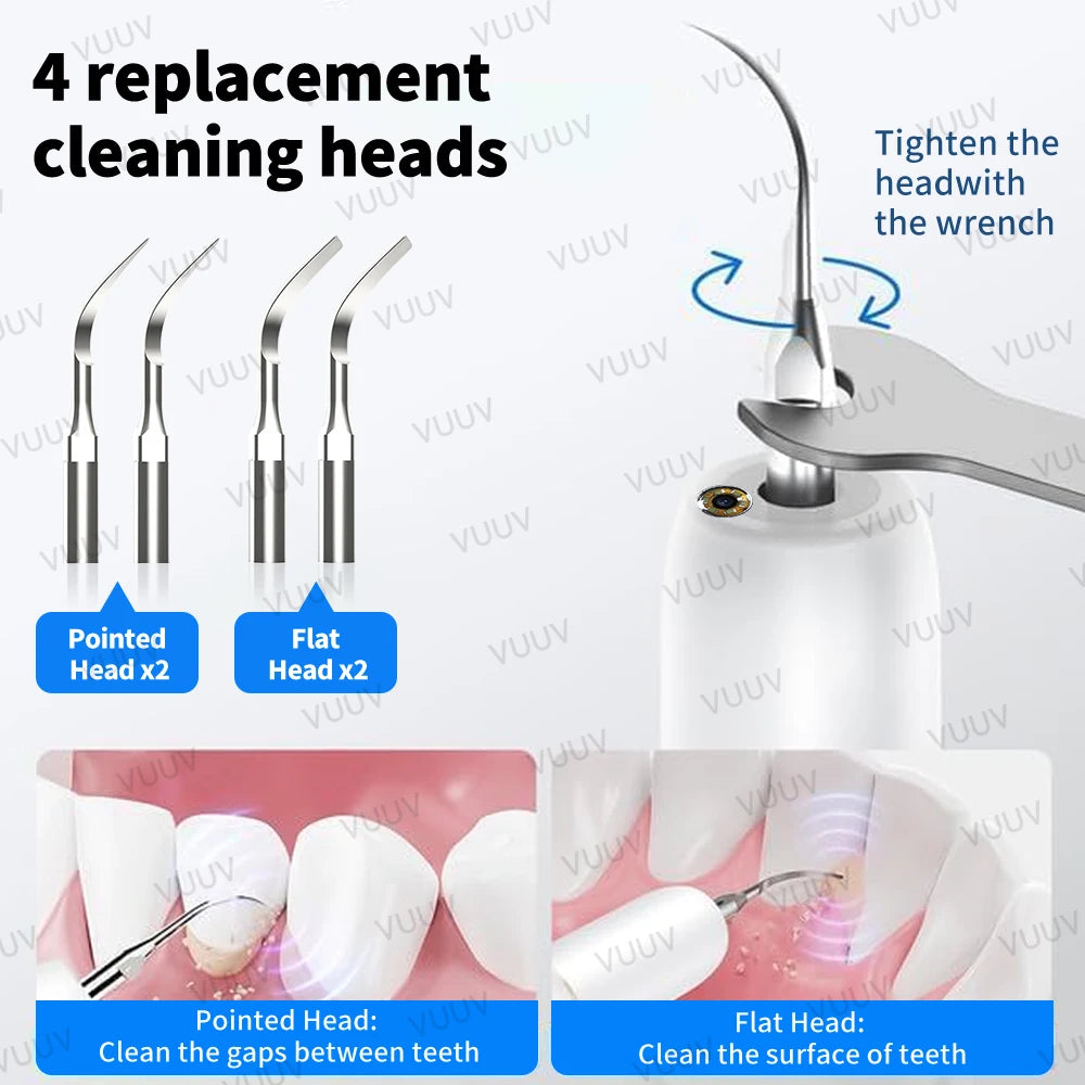 A cleaning head replacement set showing pointed and flat heads for an ultrasonic dental scaler.