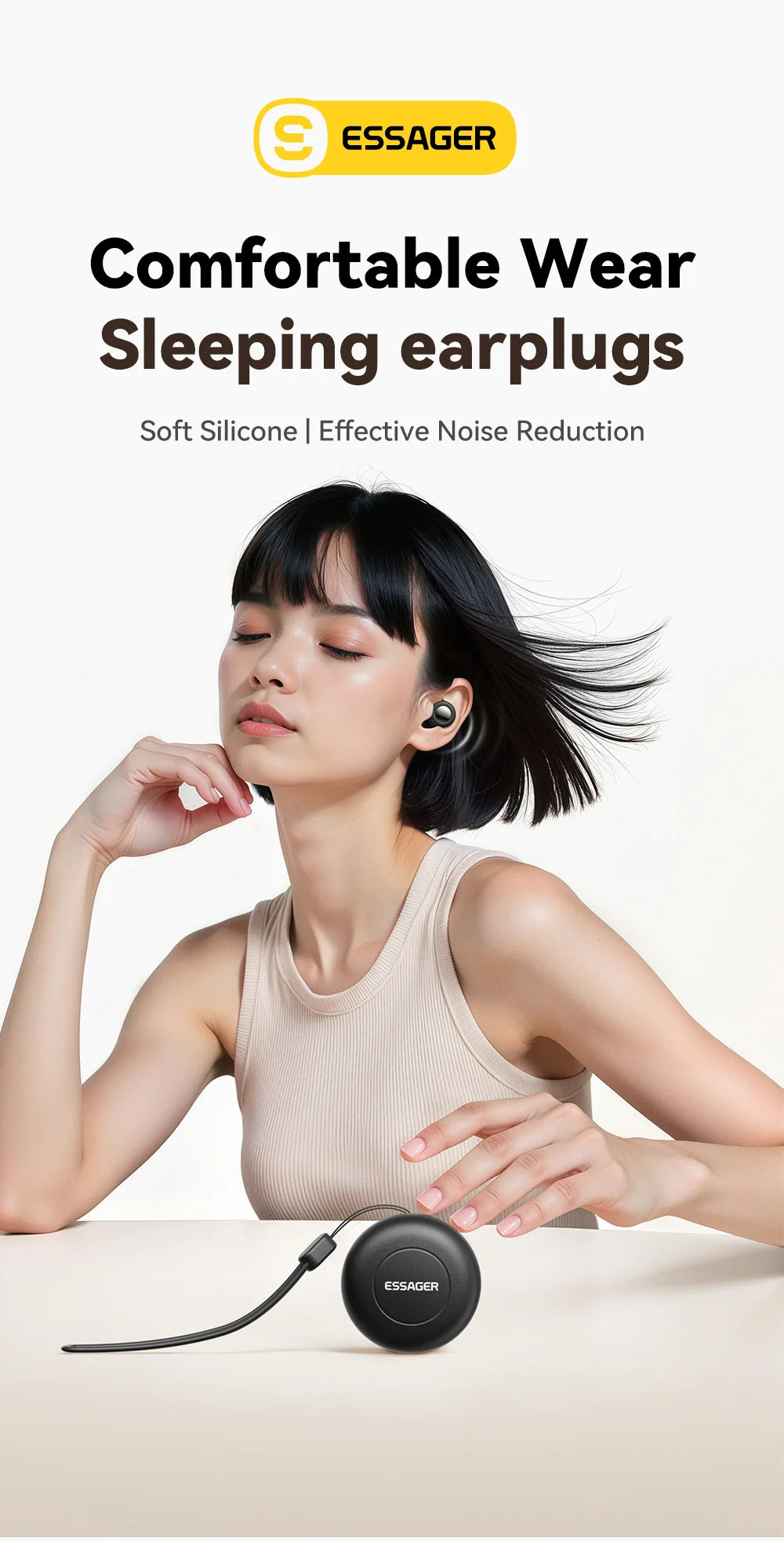 A woman is shown wearing a black silicone sleep earplug, demonstrating effective noise reduction.
