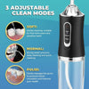 A black and silver portable dental water flosser with adjustable clean modes shown next to diagrams.