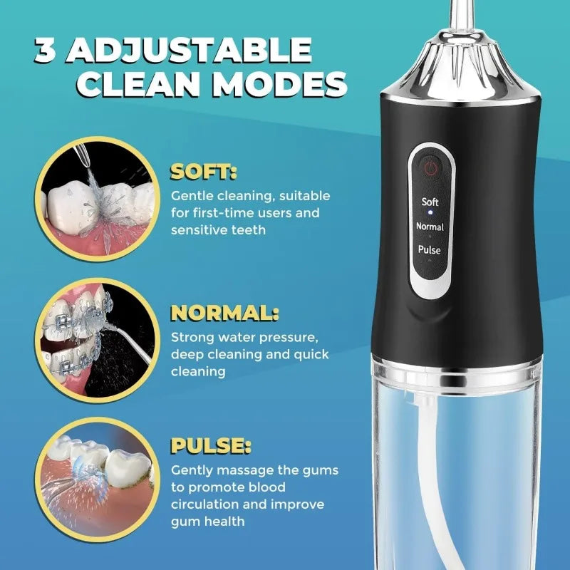 A black and silver portable dental water flosser with adjustable clean modes shown next to diagrams.