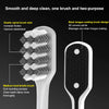 Un set de brosses à dents blanches montrant une brosse spiralée et une brosse à poils durs pour le nettoyage et le massage.