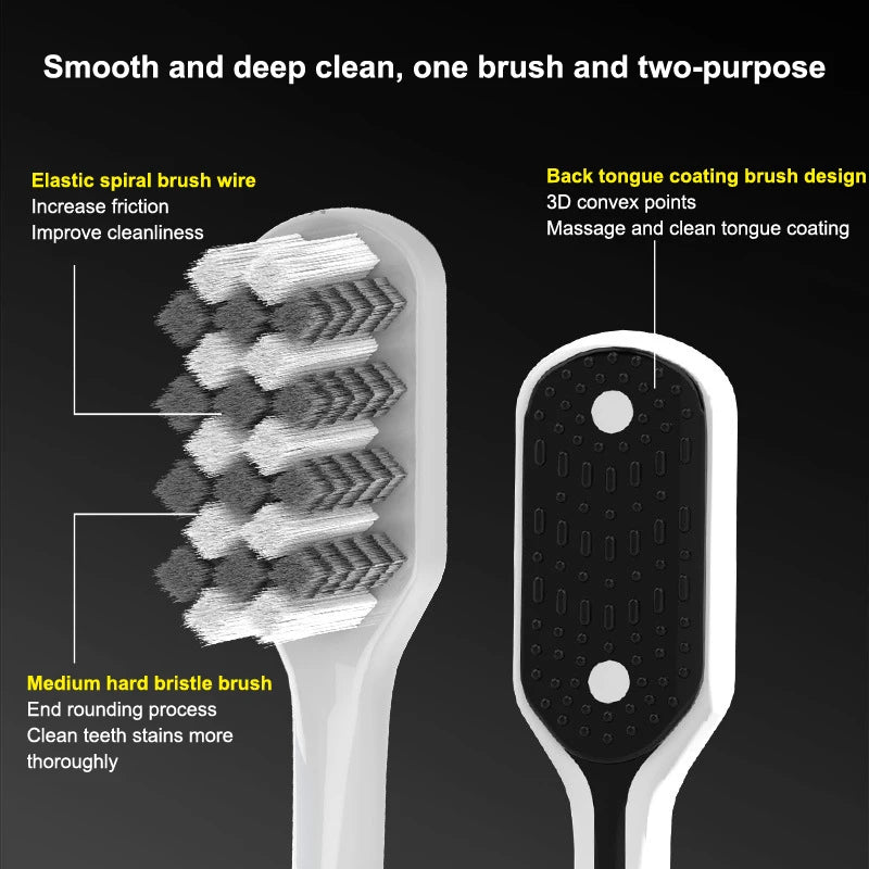Un set de brosses à dents blanches montrant une brosse spiralée et une brosse à poils durs pour le nettoyage et le massage.