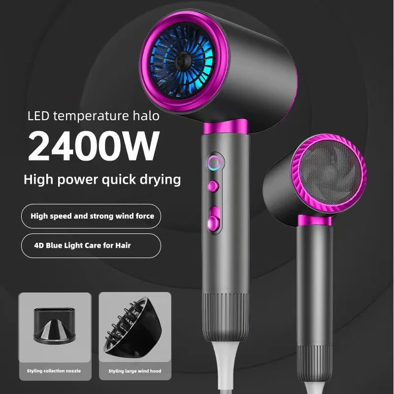 A black professional hair dryer with a purple LED temperature halo and a wide nozzle is shown.