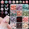 A set of 3D floral butterfly pearl nail art charms featuring various shades of pink, purple, and green roses.
