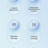 Highlights of an eye massager including 3-speed adjustment, temperature control, vibration massage, full-eye coverage, power 