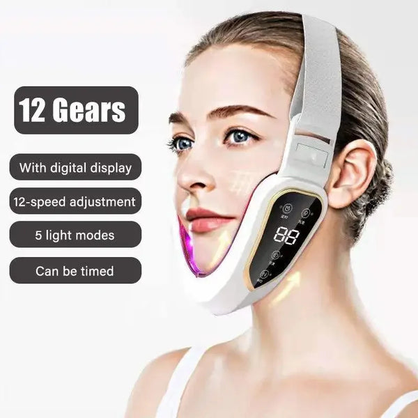 A woman is using a white LED photon therapy facial slimming massager device on her face.