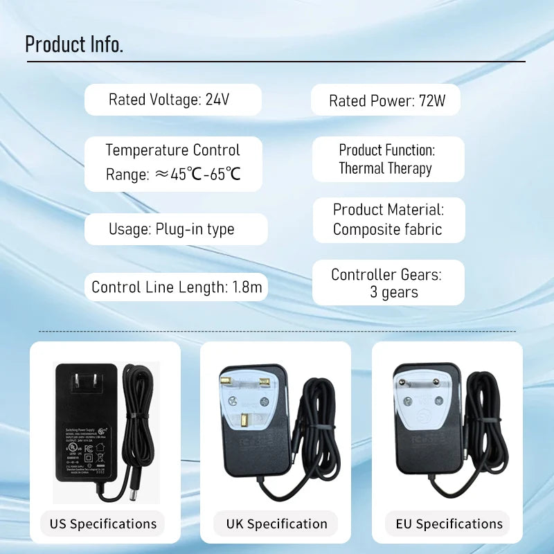Comparison of US, UK, and EU specifications for a red light abdominal heating pad device.