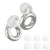 A set of silver silicone ear plugs with a loop design.