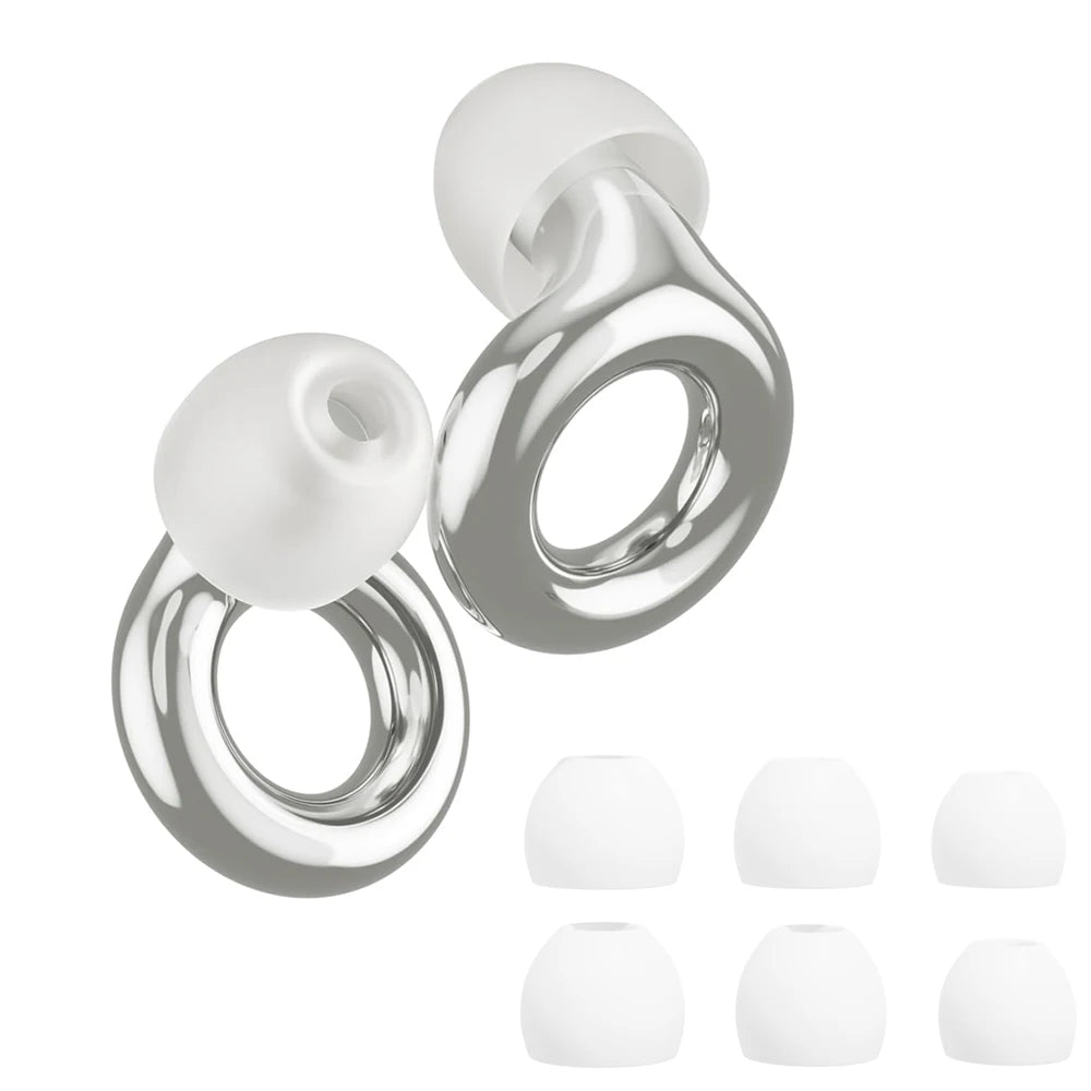 A set of silver silicone ear plugs with a loop design.