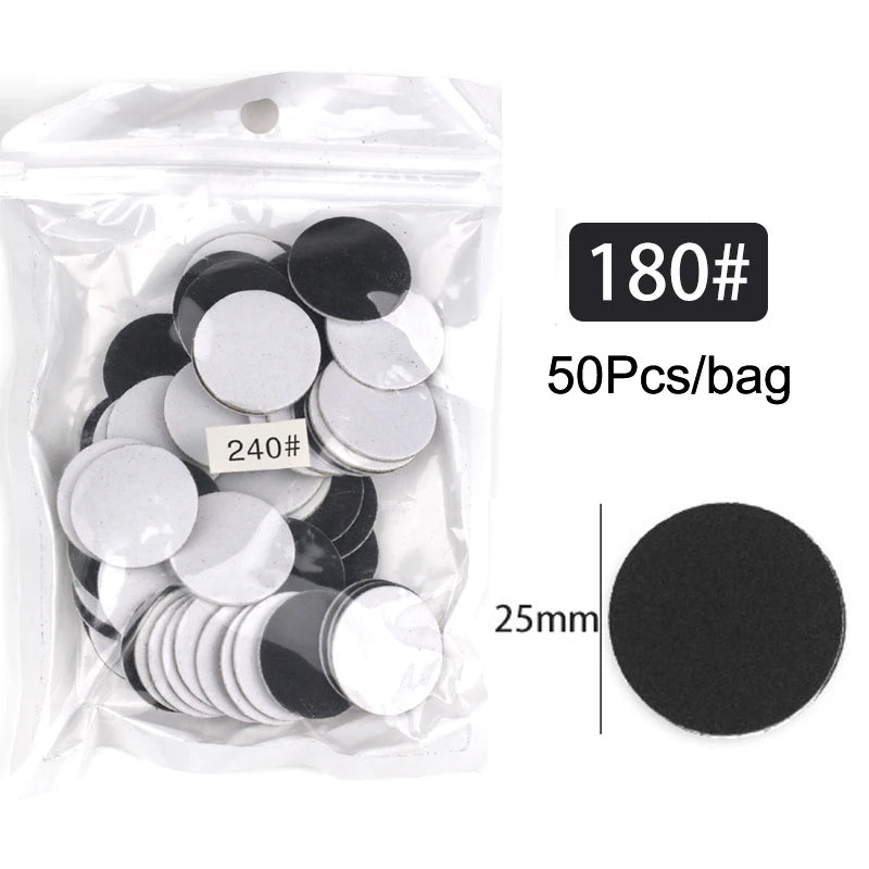 Sac en plastique transparent contenant 50 disques de papier de verre noirs et blancs interchangeables, avec un guide de mesur