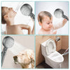 A high-pressure handheld shower head is shown being used on a baby, a dog, and in a toilet bowl.