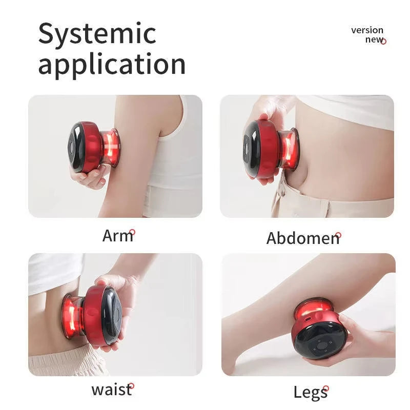 An electric cupping set is shown being applied to various parts of the body including the arm, abdomen, waist, and legs.