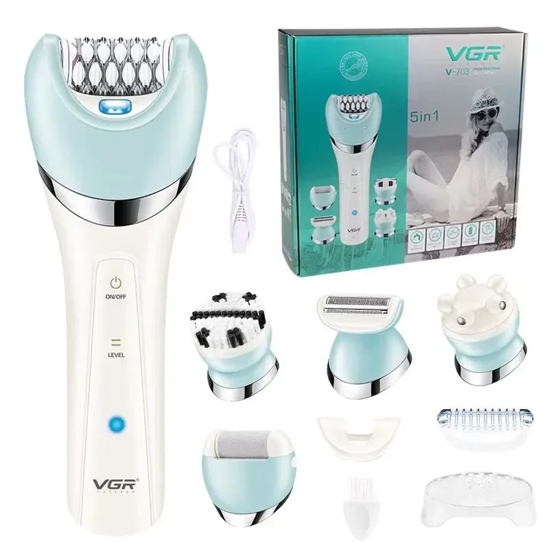 A VGR 5-in-1 electric grooming kit shown with its box and various grooming tools.