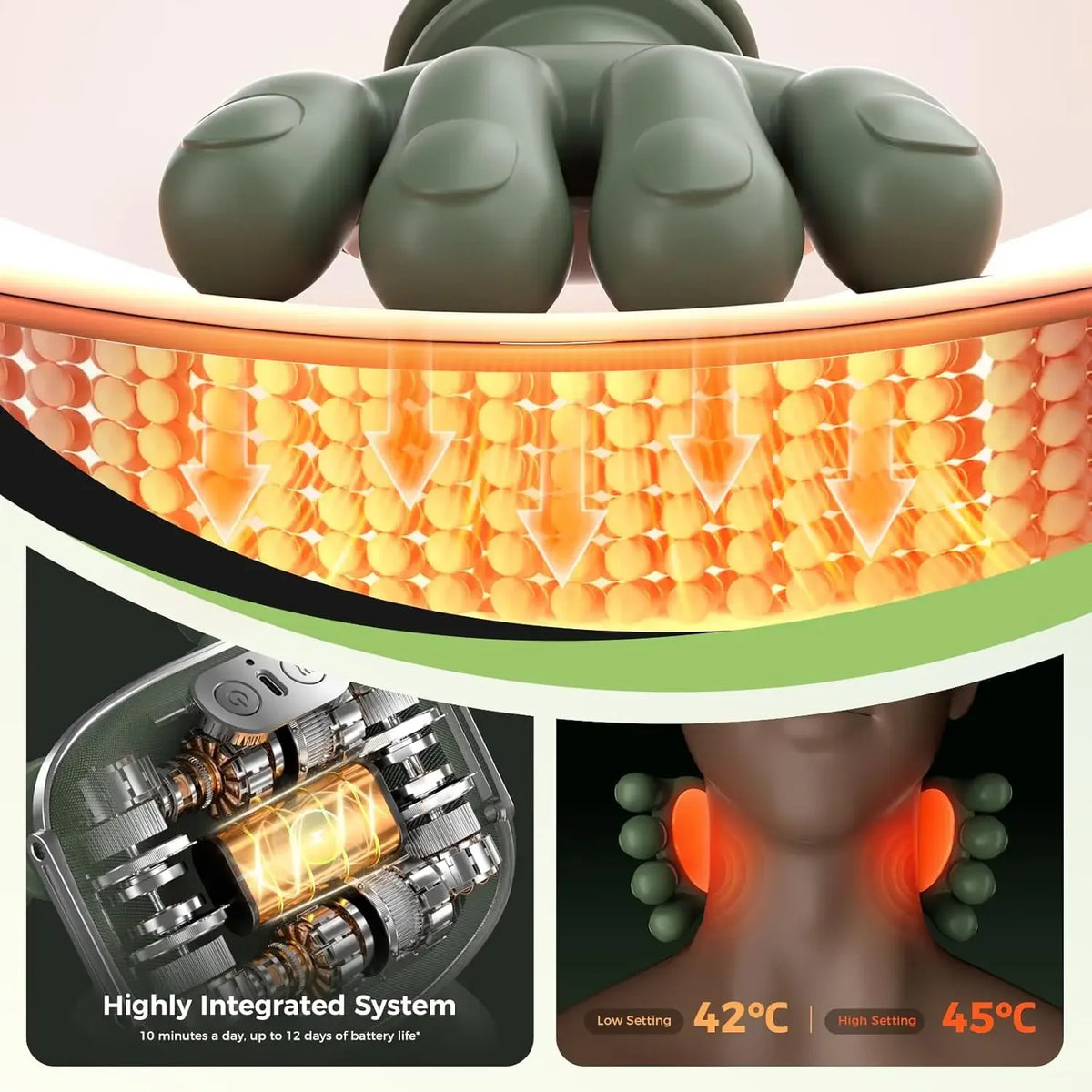 Electric neck and shoulder massager device showing the head and a close-up of the integrated system with temperature settings
