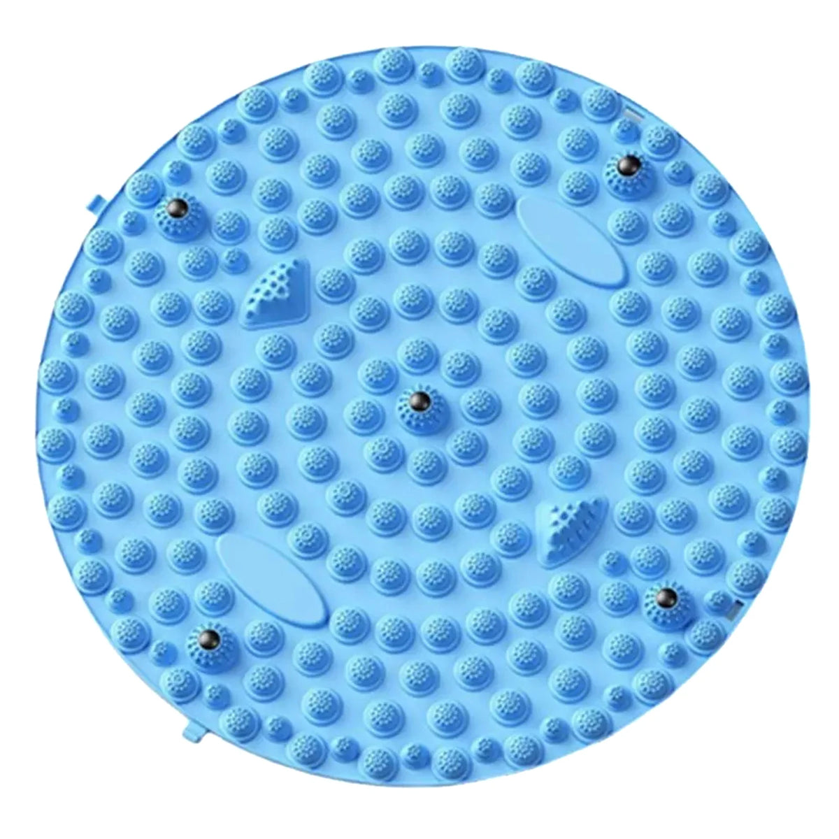 A round blue magnetic foot massage mat with numerous raised bumps and massage features.