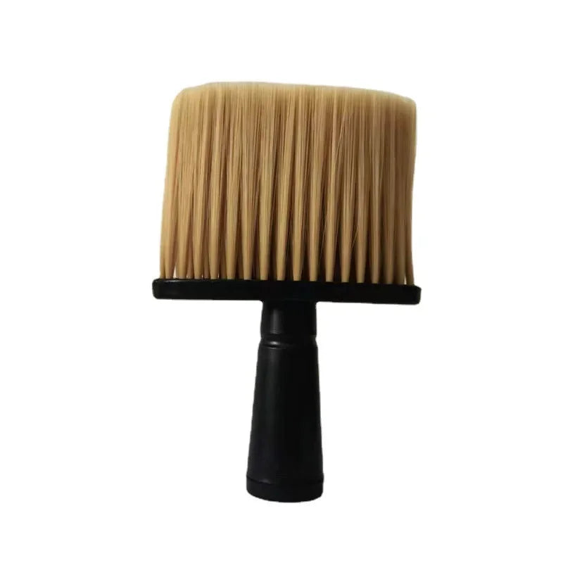 A black hair duster brush with soft blonde bristles.