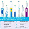 Replacement toothbrush heads for Oral-B and Braun electric toothbrushes shown in various colors and styles
