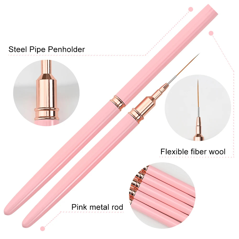 A set of pink nail art liner brushes featuring steel pipe holders and flexible fiber wool tips.