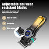 A close-up view of a professional electric hair clipper with adjustable blades and a gold finish.