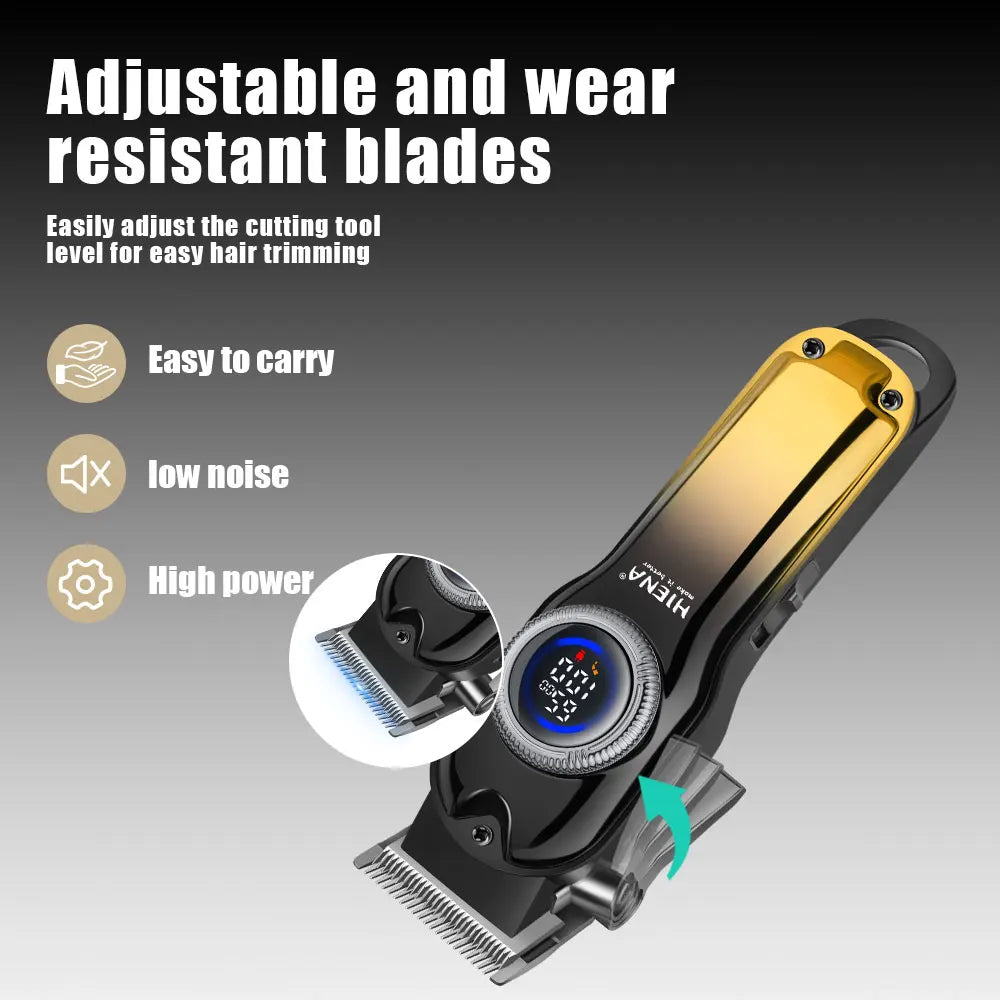 A close-up view of a professional electric hair clipper with adjustable blades and a gold finish.