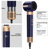 A dark blue hair styling dryer brush with a gold finish, showing filter, air inlet, and various settings.