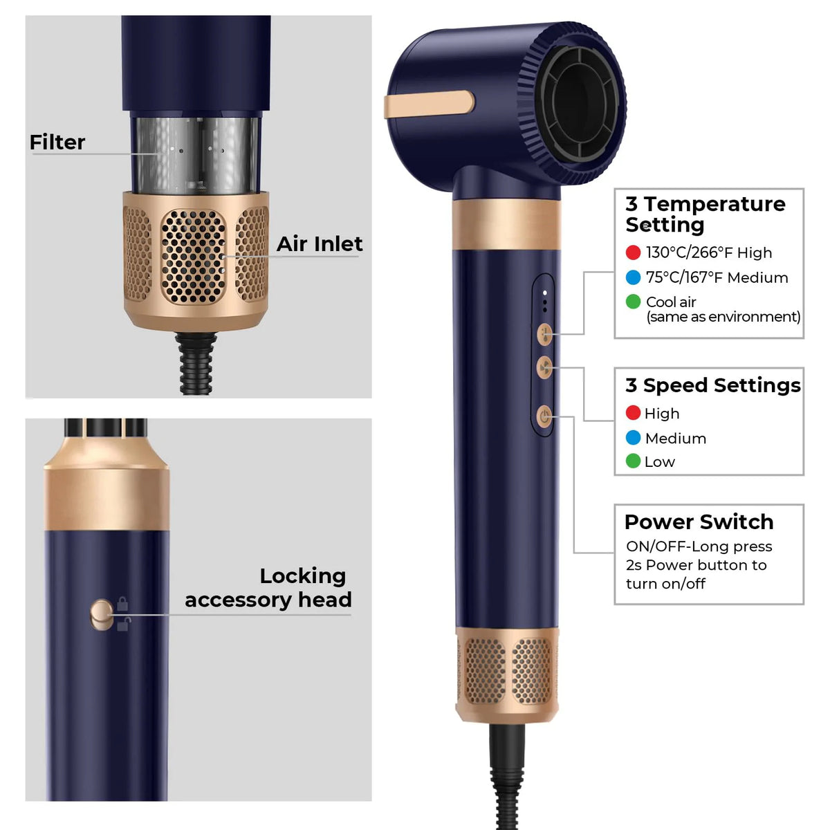 A dark blue hair styling dryer brush with a gold finish, showing filter, air inlet, and various settings.