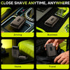 A compact foil shaver is shown in various contexts including driving, business, home, and travel.