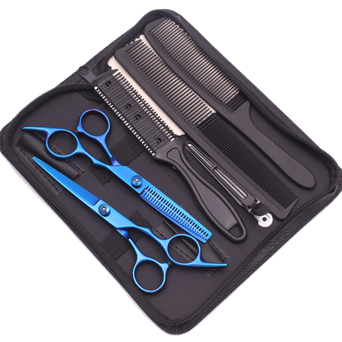 A black case containing professional stainless steel hairdressing scissors and a comb.