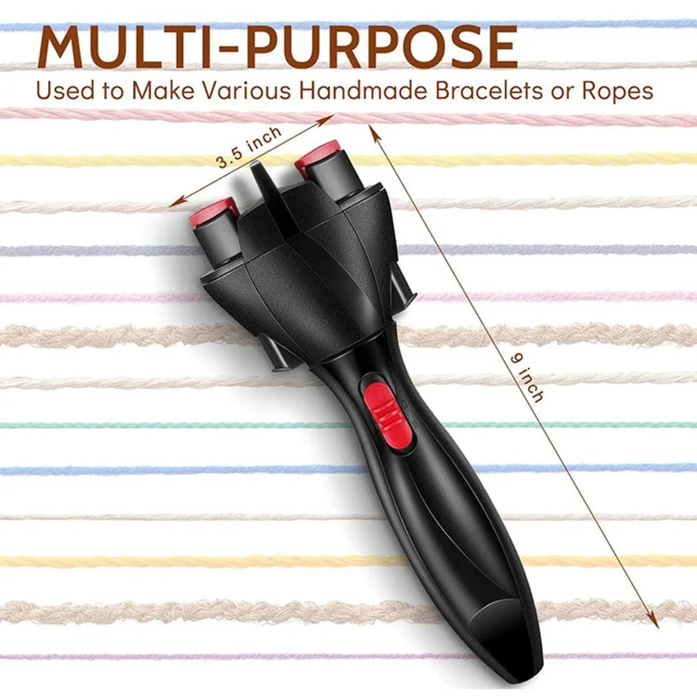 A black electric twist braiding tool with a red accent, shown against a striped background.