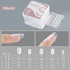 A set of 100 matte finish false gel nail tips in various lengths and shapes are displayed alongside the packaging.