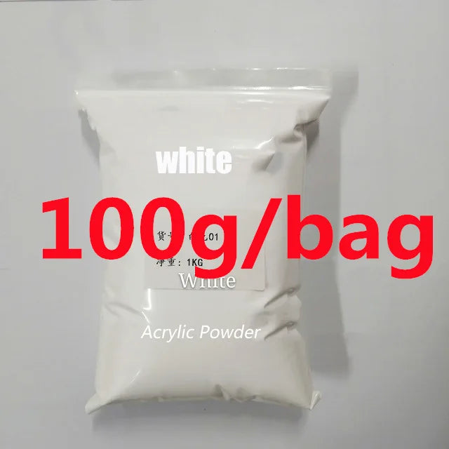 White acrylic powder in a bag labeled 100g/bag for professional nail kits