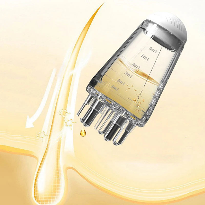 A portable scalp applicator comb with roller balls is shown dispensing serum or oil onto skin.