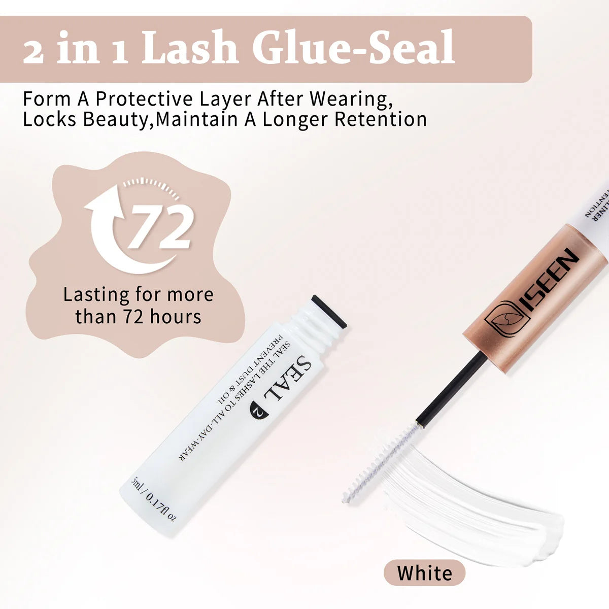 White lash glue-seal product tube and applicator shown for DIY cluster lash kit