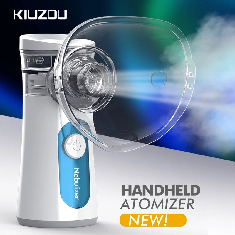 A white handheld nebulizer device with a clear mask is shown against a blurred blue and white background.
