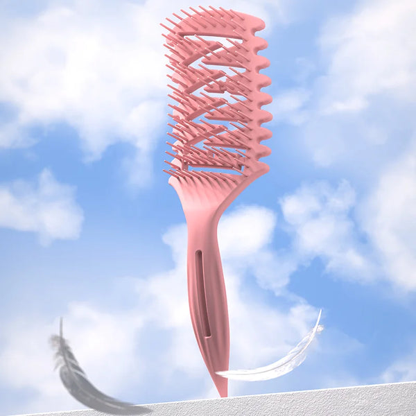 A pink detangling hair brush is shown against a blue sky with white clouds and a feather.
