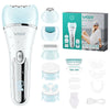 A VGR multi-functional electric epilator device shown with various attachments and accessories.