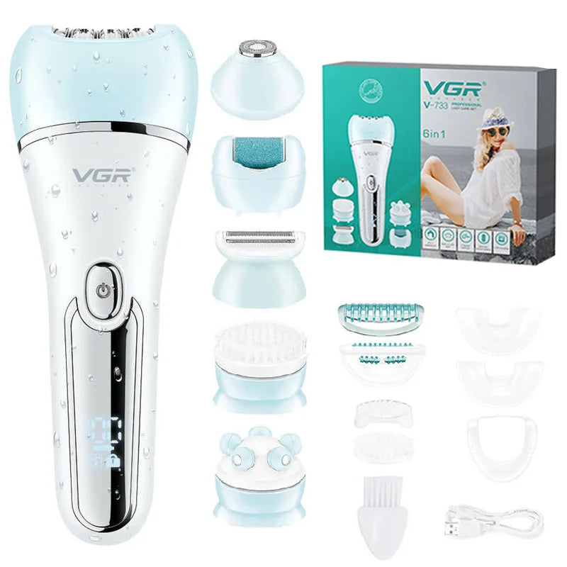 A VGR multi-functional electric epilator device shown with various attachments and accessories.