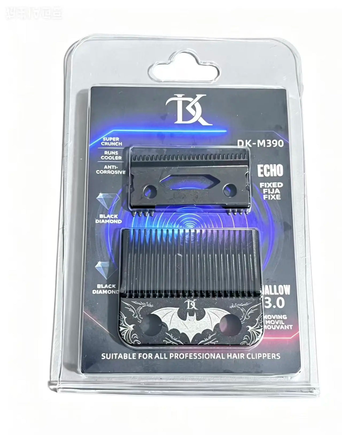 A package containing an EK-M390 electric hair clipper blade set with a black diamond blade and housing.