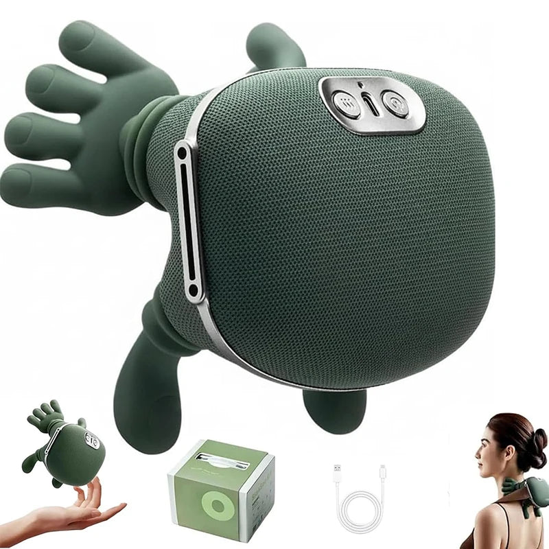 A green deep tissue shiatsu massager for neck and shoulder relaxation shown with accessories.