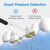 A dental scaler tip is shown touching gums, illustrating smart pressure detection for instant pausing during teeth cleaning.