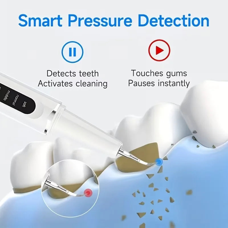 A dental scaler tip is shown touching gums, illustrating smart pressure detection for instant pausing during teeth cleaning.